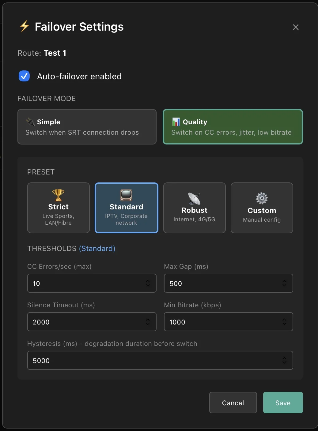 Failover settings interface showing quality-based switching configuration