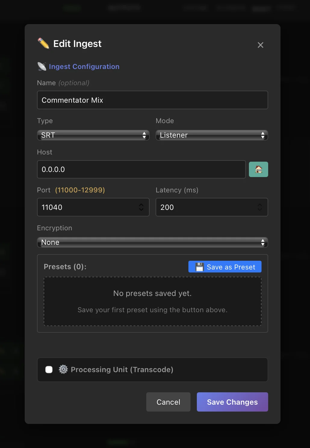 Input configuration form with SRT mode, port, latency, and encryption fields