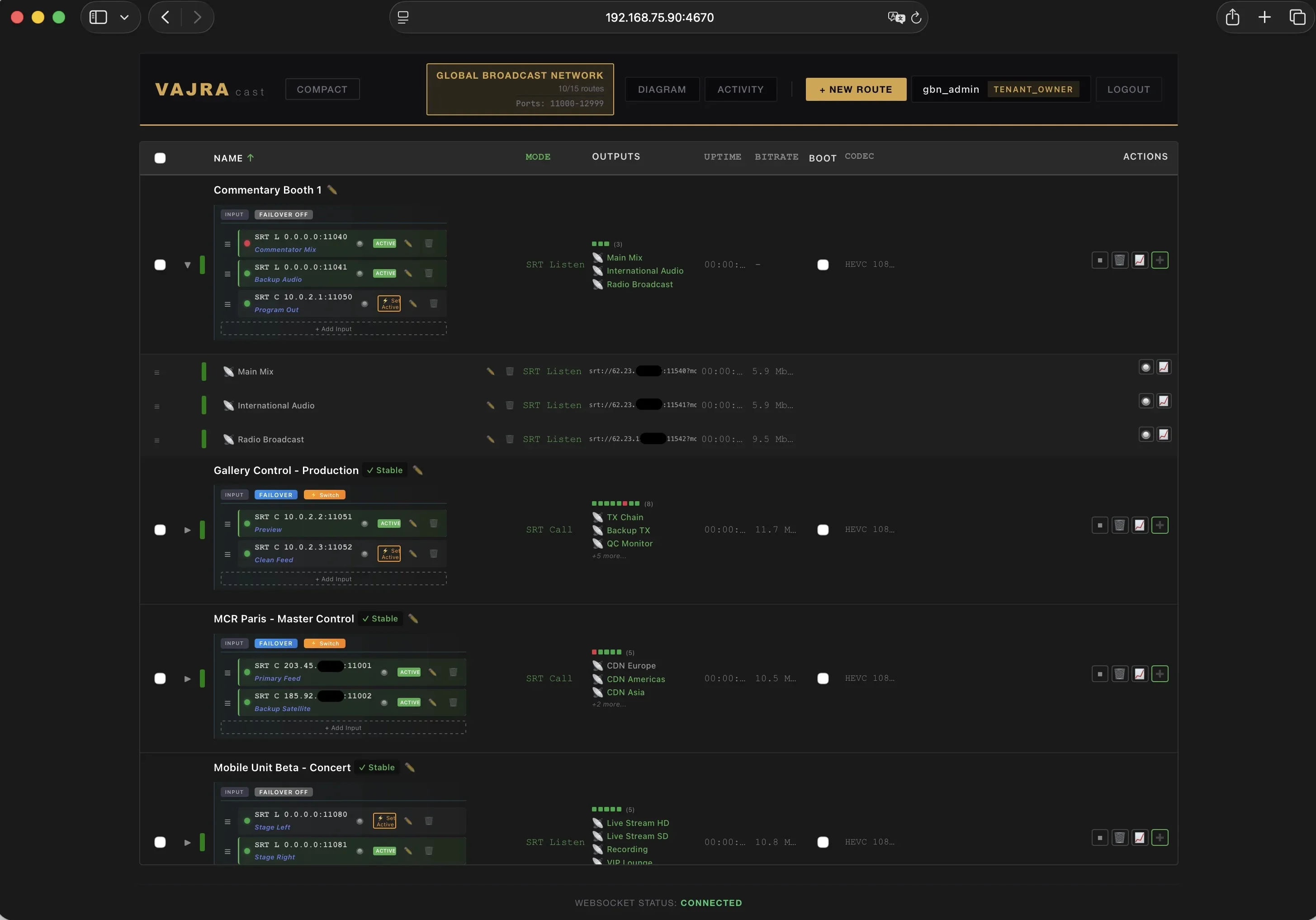 Tableau de bord Vajra Cast avec les routes actives, statuts en temps réel et détails de connexion